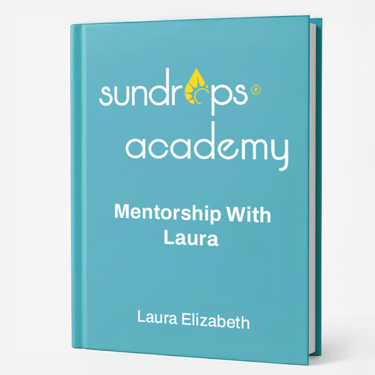 Blue book titled 'Sundrops Academy Mentorship With Laura' on a white background