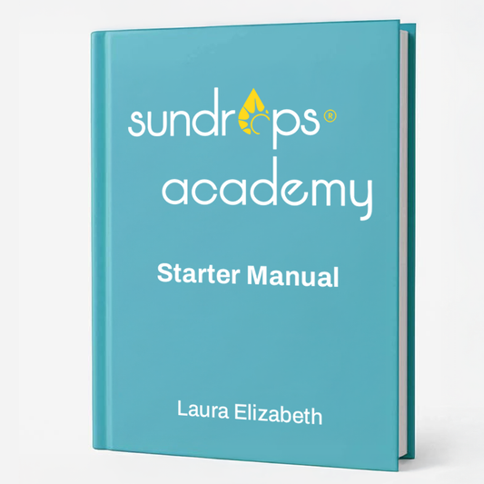 Blue book titled 'Sundrops Academy Starter Manual' by Laura Elizabeth on a white background