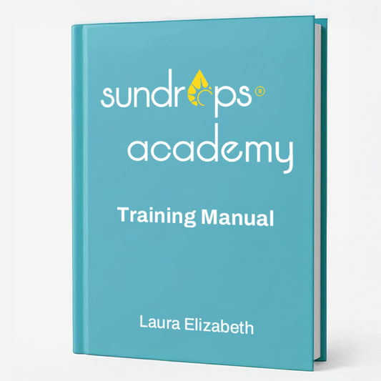 Blue book titled 'Training Manual' by Laura Elizabeth with Sundraps Academy logo on a white background